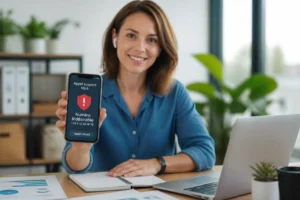 Professionnelle filtrant un appel indésirable sur smartphone dans un bureau moderne et lumineux, illustrant la protection mobile quotidienne