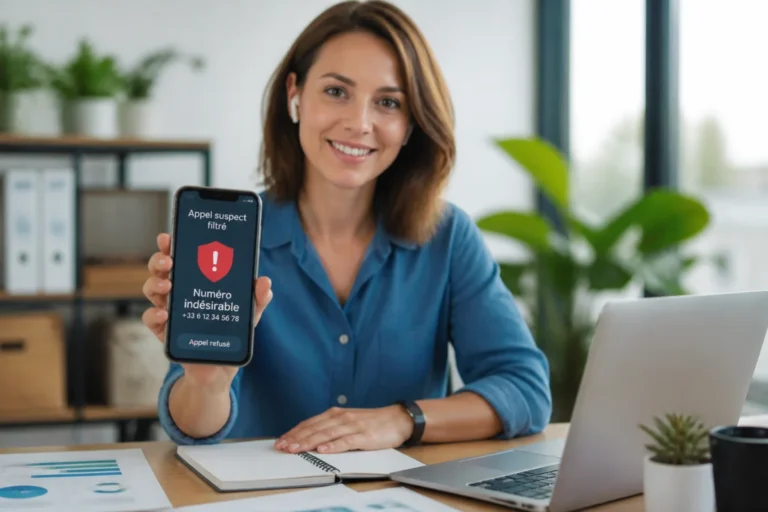 Professionnelle filtrant un appel indésirable sur smartphone dans un bureau moderne et lumineux, illustrant la protection mobile quotidienne