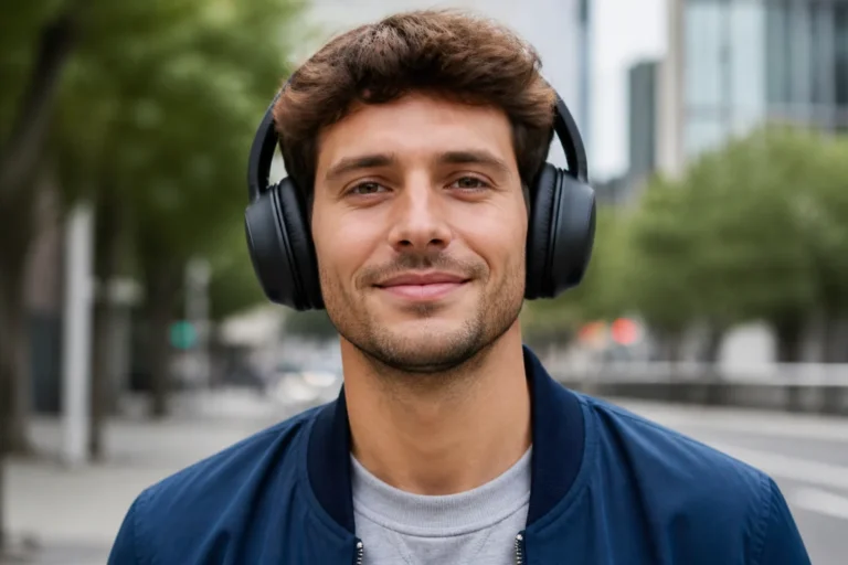 Personne portant un casque audio sans fil moderne dans une rue urbaine calme, illustrant comment choisir un casque audio sans fil