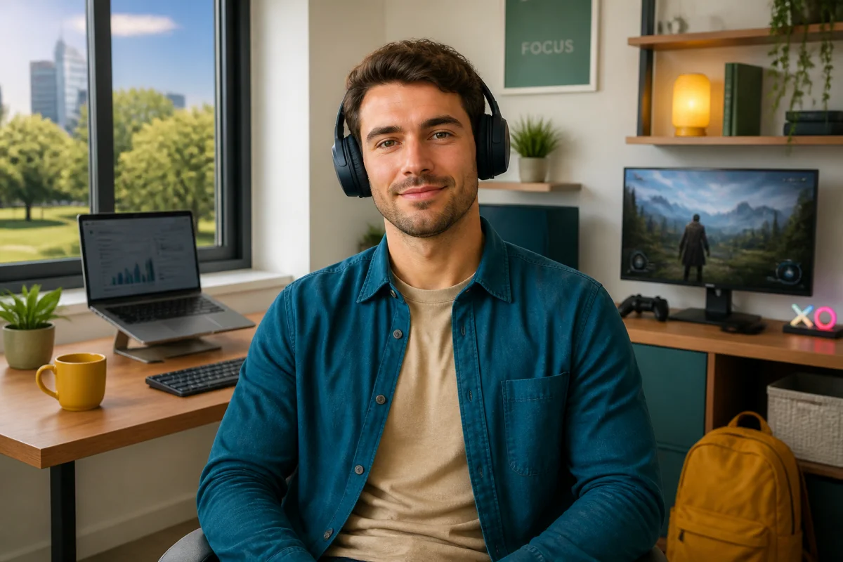 Comment choisir un casque audio sans fil au quotidien - Geekodrome: Boutique d'accessoires geek Jeune adulte portant un casque audio sans fil dans un bureau moderne, entre travail, mobilité et jeu vidéo