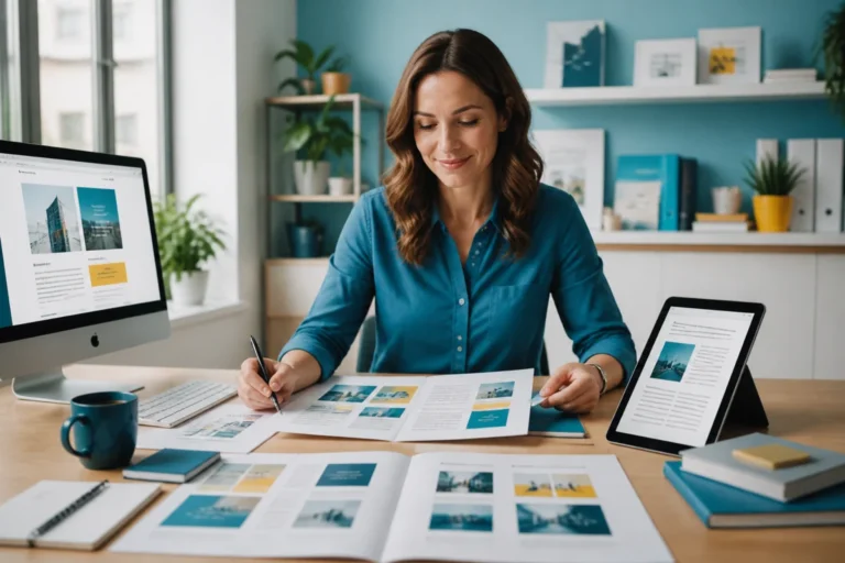 Professionnelle utilisant Docinfo pour décliner un contenu éditorial sur écran, supports imprimés et liseuse