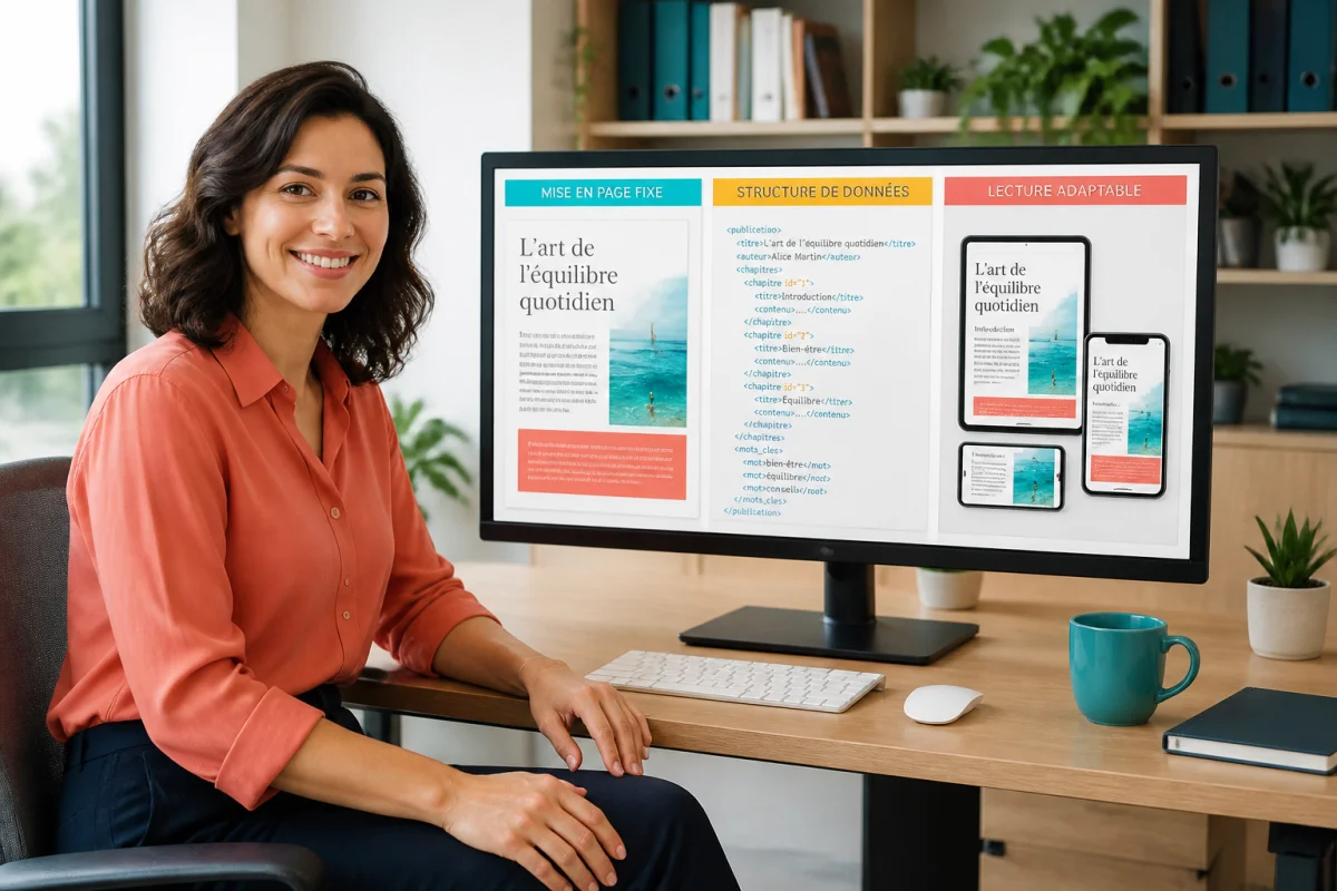 Docinfo aide les professionnels à mieux produire leurs contenus - Geekodrome: Boutique d'accessoires geek Professionnelle souriante utilisant Docinfo devant un écran présentant mise en page, données structurées et lecture adaptable.