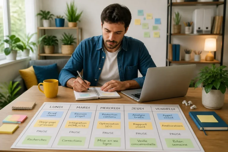 Freelance web organisant ses tâches sur cinq jours avec calendrier hebdomadaire dans un bureau lumineux et ordonné