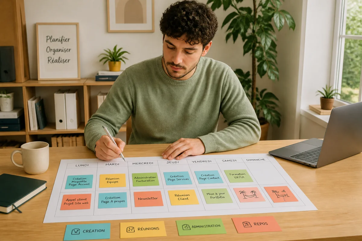 Gestion du temps pour les freelances web au quotidien - Geekodrome: Boutique d'accessoires geek Freelance web designer organisant sa semaine avec un planning coloré pour optimiser sa gestion du temps au quotidien