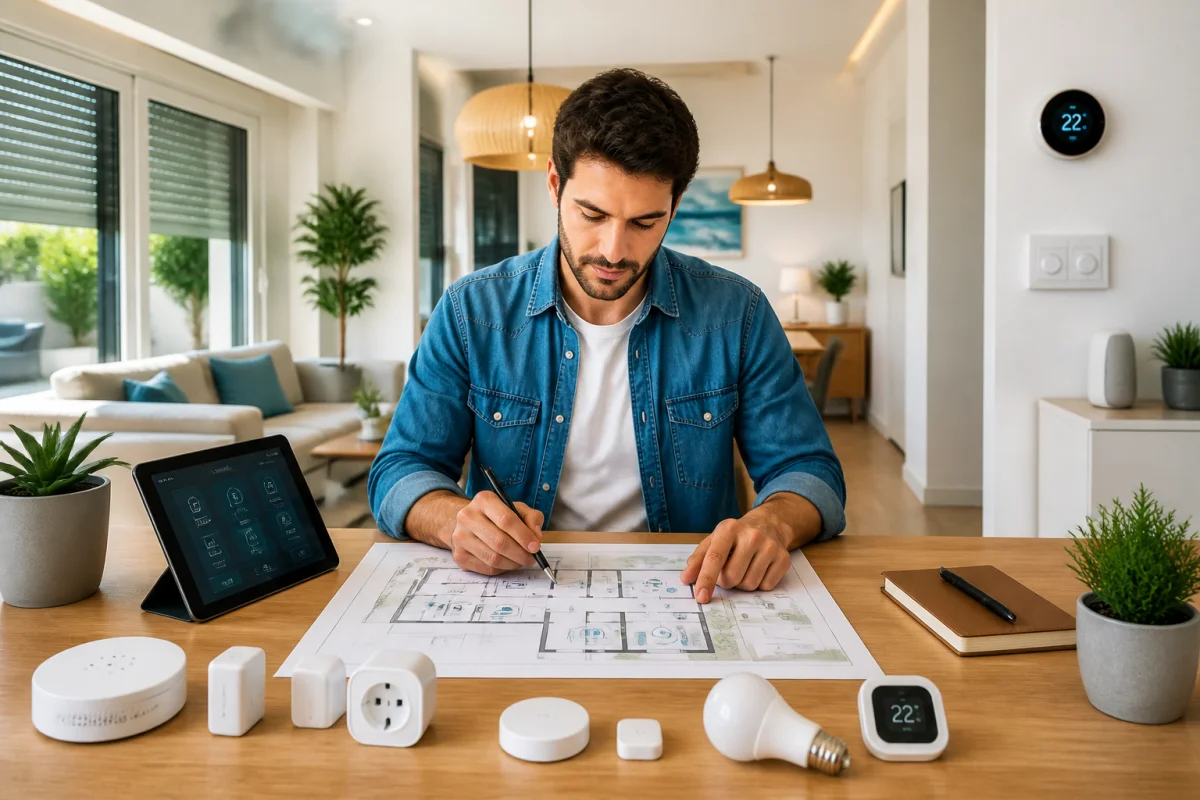 Personne préparant l’installation d’une maison connectée avec plan, tablette et capteurs domotiques sur une table organisée