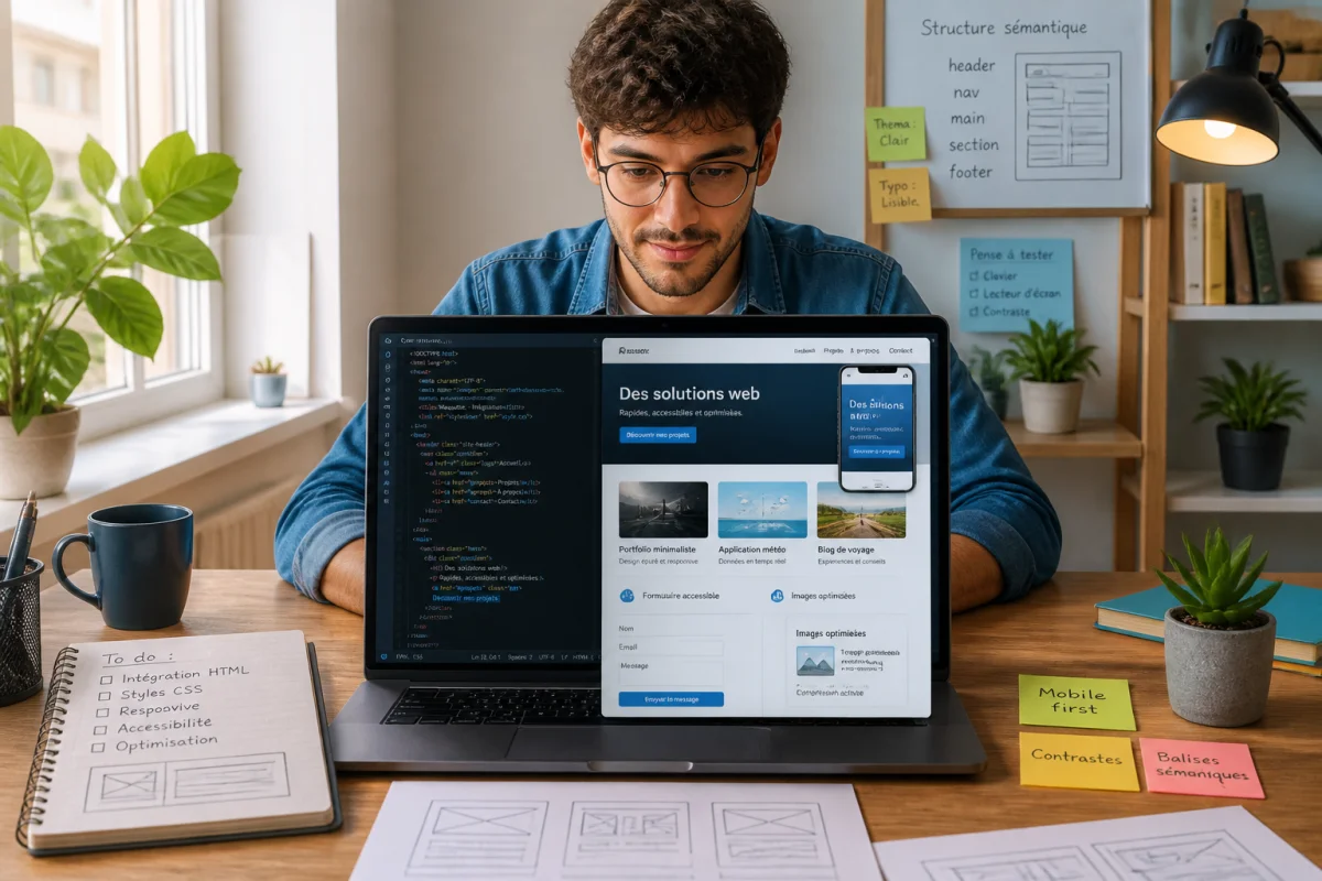Métiers de l’informatique sans diplôme pour débuter - Geekodrome: Boutique d'accessoires geek Jeune intégrateur web débutant codant une page responsive en HTML et CSS, illustrant les métiers de l’informatique sans diplôme