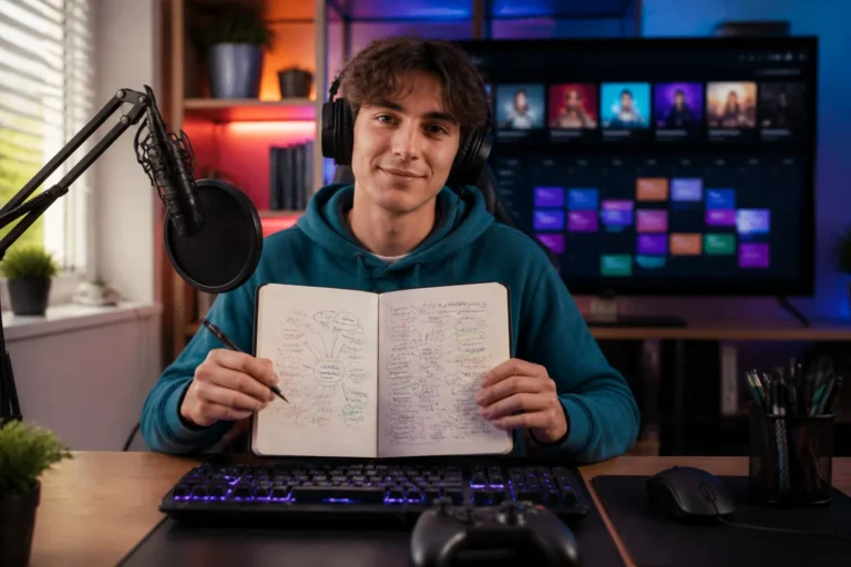 Créateur numérique préparant des idées de vidéos geek avec l’aide de l’intelligence artificielle générative