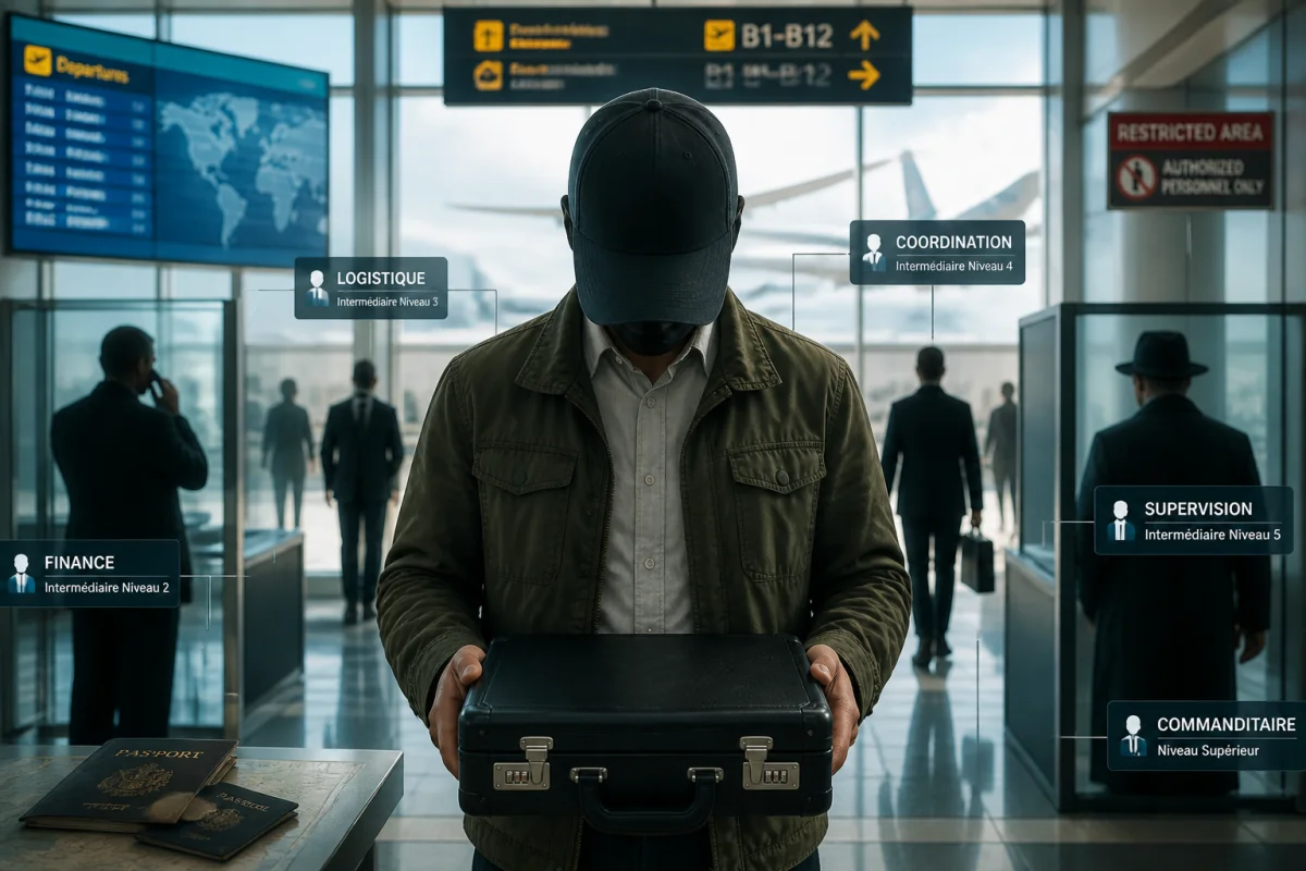 Coursier anonyme tenant une mallette noire au sein d’un réseau clandestin hiérarchisé dans un terminal international