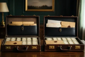 La confrérie des larmes : explication de la fin illustrée par des valises contenant argent et documents secrets.