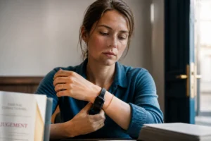 Jeune femme observant son bracelet électronique remplacé par une chaînette, symbole de liberté fragile dans La fille au bracelet