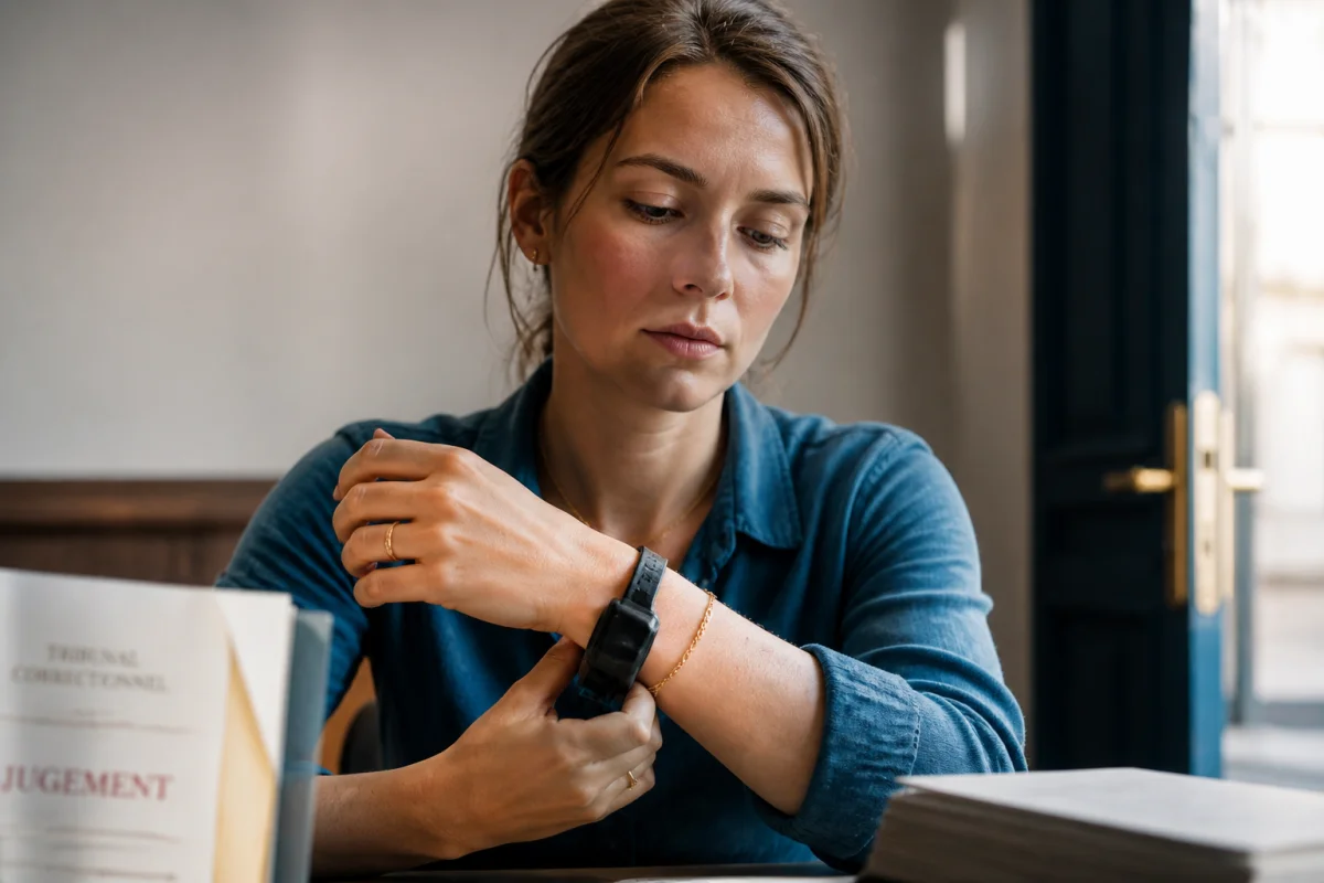 Jeune femme observant son bracelet électronique remplacé par une chaînette, symbole de liberté fragile dans La fille au bracelet