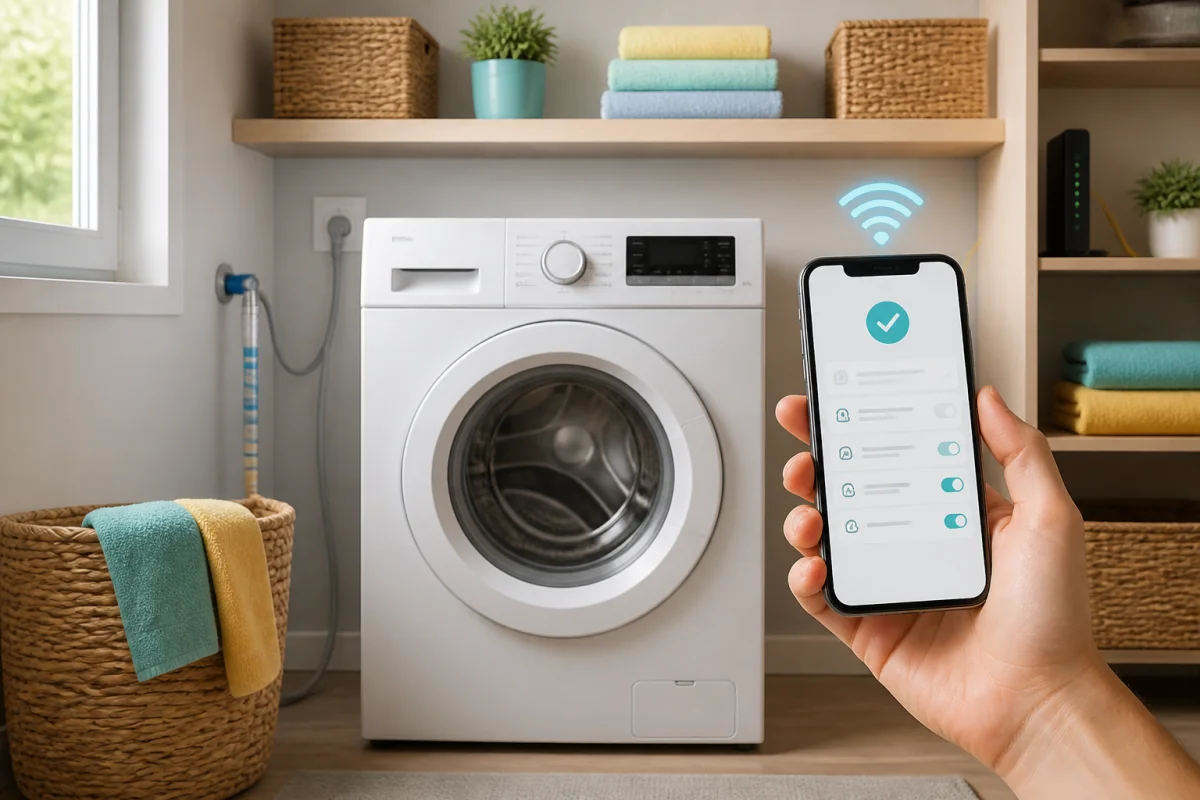 Programmer un lave-linge connecté au quotidien sans effort - Geekodrome: Boutique d'accessoires geek Programmer un lave-linge connecté avec un smartphone dans une buanderie domestique lumineuse