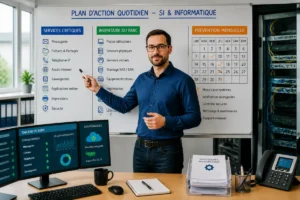 Responsable informatique planifiant la maintenance informatique en entreprise devant un tableau de suivi des tâches préventives