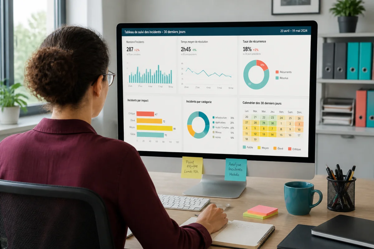 Responsable informatique analysant un tableau de suivi des incidents pour optimiser la maintenance informatique en entreprise.