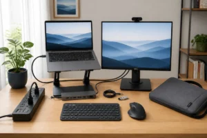 Matériel informatique pour télétravail installé sur un bureau moderne : ordinateur portable, station d’accueil, clavier, souris ergonomique et câbles rangés.