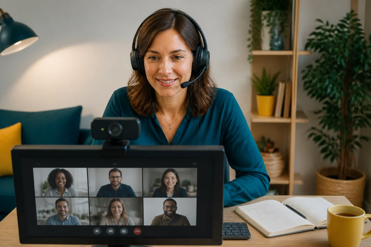 Bien choisir son matériel informatique pour le télétravail - Geekodrome: Boutique d'accessoires geek Professionnelle en visioconférence avec casque, webcam externe et ordinateur dans un bureau à domicile lumineux