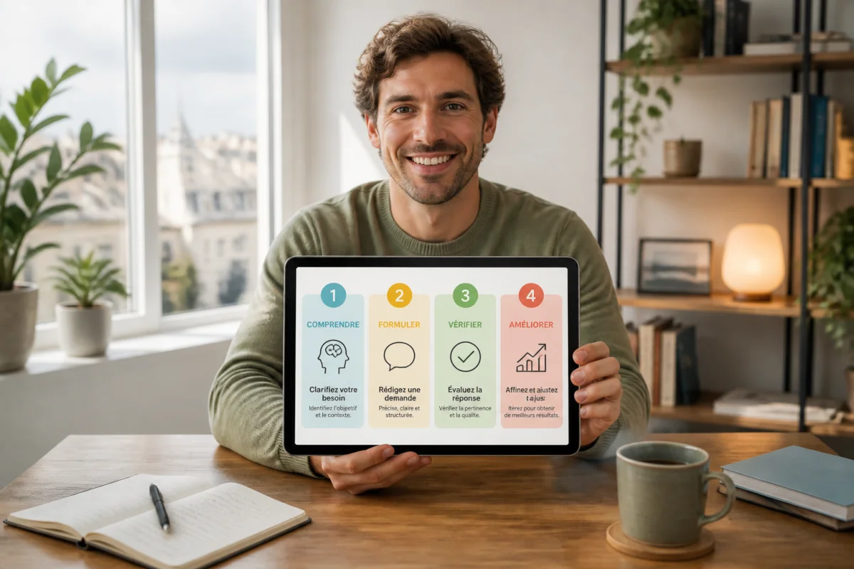 Maîtriser l’intelligence artificielle générative au quotidien - Geekodrome: Boutique d'accessoires geek Personne souriante utilisant une tablette pour maîtriser l’intelligence artificielle générative en quatre étapes clés