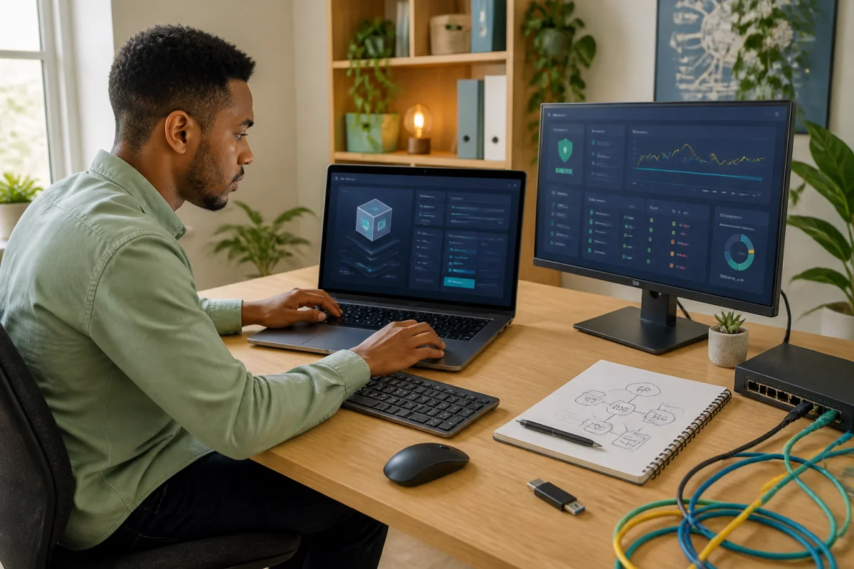 Métiers de l’informatique sans diplôme pour débuter - Geekodrome: Boutique d'accessoires geek Assistant systèmes et réseaux débutant configurant une machine virtuelle et surveillant des alertes réseau à domicile