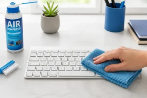 Nettoyer un clavier d’ordinateur sans risque avec un chiffon microfibre et une brosse douce sur un bureau lumineux
