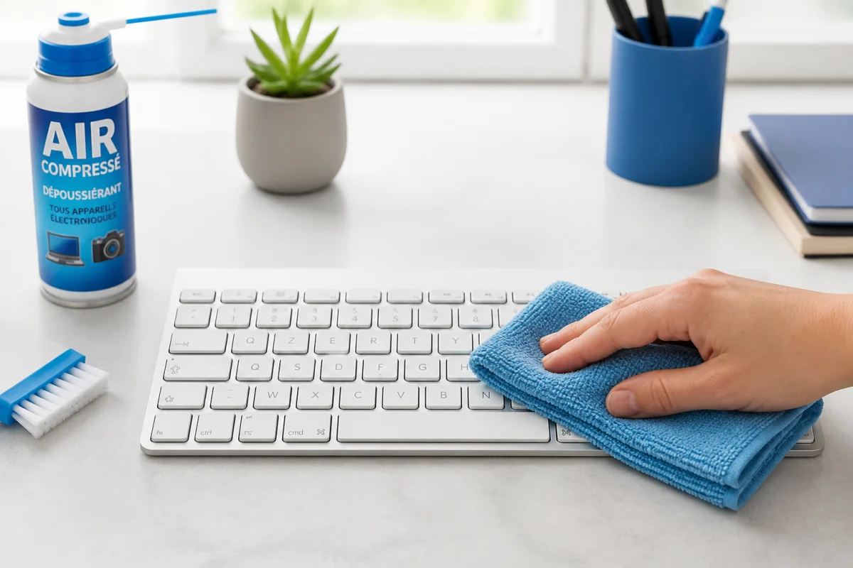 Nettoyer un clavier d’ordinateur sans risque et efficacement - Geekodrome: Boutique d'accessoires geek Nettoyer un clavier d’ordinateur sans risque avec un chiffon microfibre et une brosse douce sur un bureau lumineux