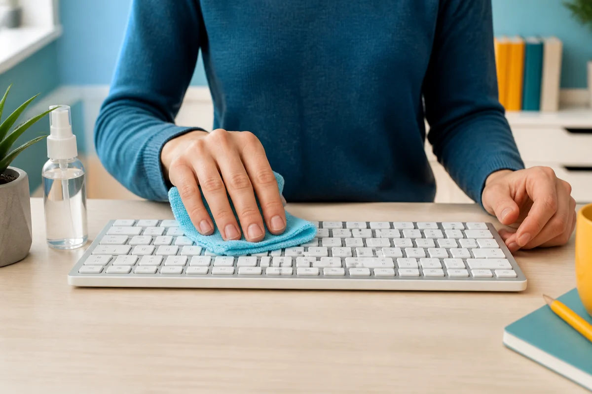 Nettoyer un clavier d’ordinateur sans risque et efficacement - Geekodrome: Boutique d'accessoires geek Main passant un chiffon microfibre presque sec sur un clavier d’ordinateur pour le nettoyer sans risque efficacement