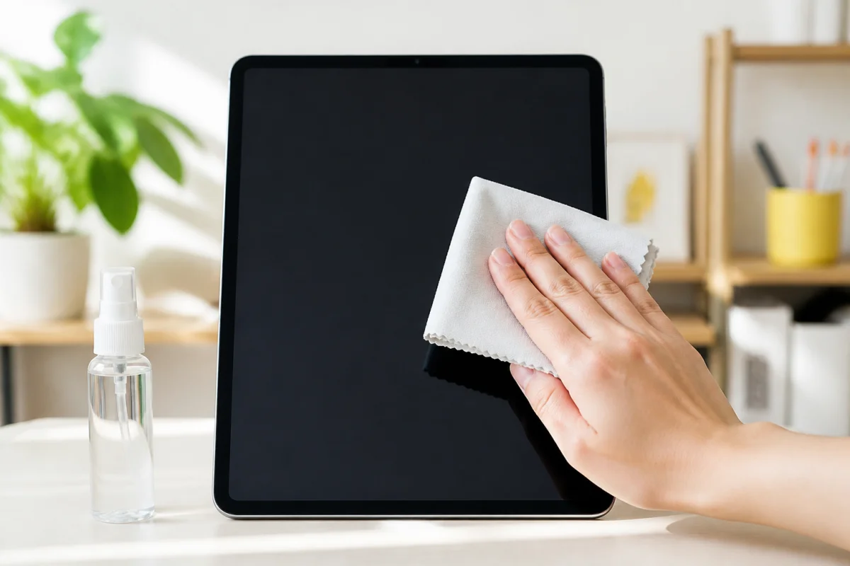 Comment nettoyer un écran tactile sans l’abîmer - Geekodrome: Boutique d'accessoires geek Main nettoyant délicatement un écran tactile éteint avec un chiffon en microfibre et un vaporisateur à proximité