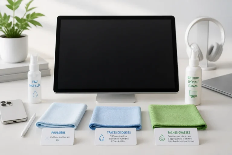 Nettoyer un écran tactile avec chiffons en microfibre et solutions adaptées contre poussière, traces de doigts et taches grasses