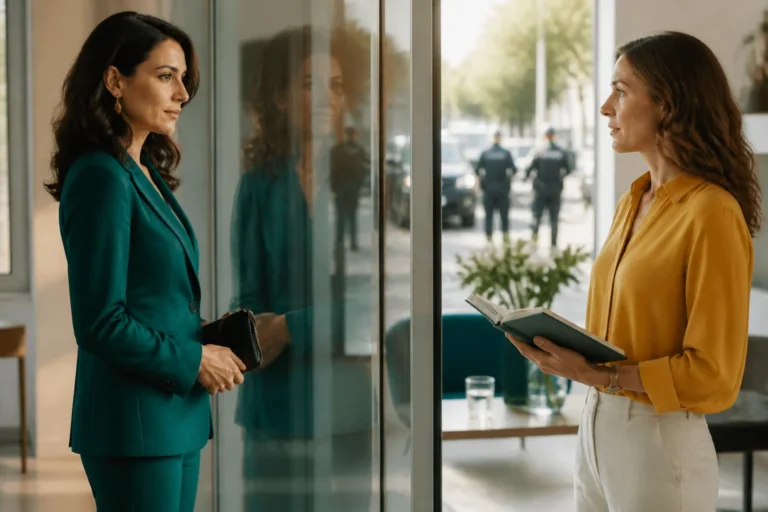 L’ombre d’Emily : deux femmes se font face derrière une vitre, symbolisant les identités doubles et la vérité révélée.