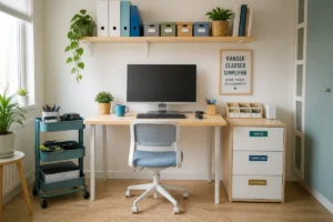 Coin informatique organisé avec bureau, écran, étagère murale, desserte mobile et caissons de rangement bien ordonnés