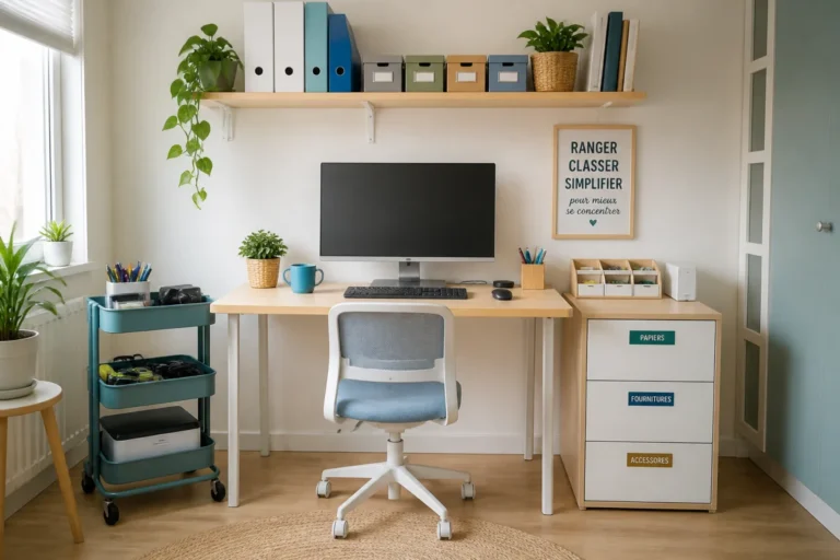 Coin informatique organisé avec bureau, écran, étagère murale, desserte mobile et caissons de rangement bien ordonnés