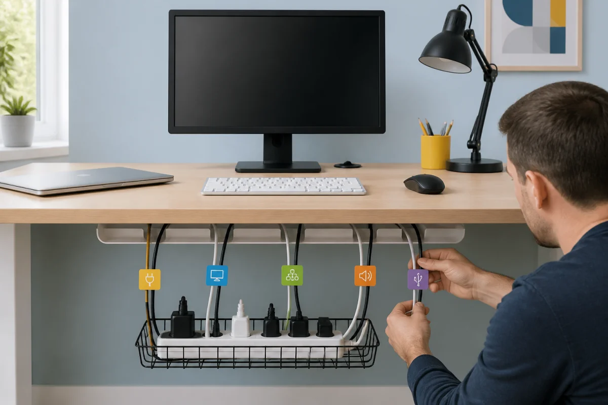 Comment organiser son coin informatique efficacement - Geekodrome: Boutique d'accessoires geek Personne organisant son coin informatique, regroupant les câbles par destination avec des étiquettes colorées sur un bureau ordonné