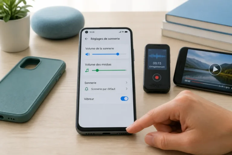 Smartphone affichant les paramètres de sonnerie sur smartphone, avec mémo vocal, vidéo et grille du haut-parleur vérifiée.