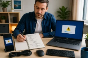 Personne préparant une demande d’assistance informatique avec notes et ordinateur portable, accompagnée par Reparsos Informatique