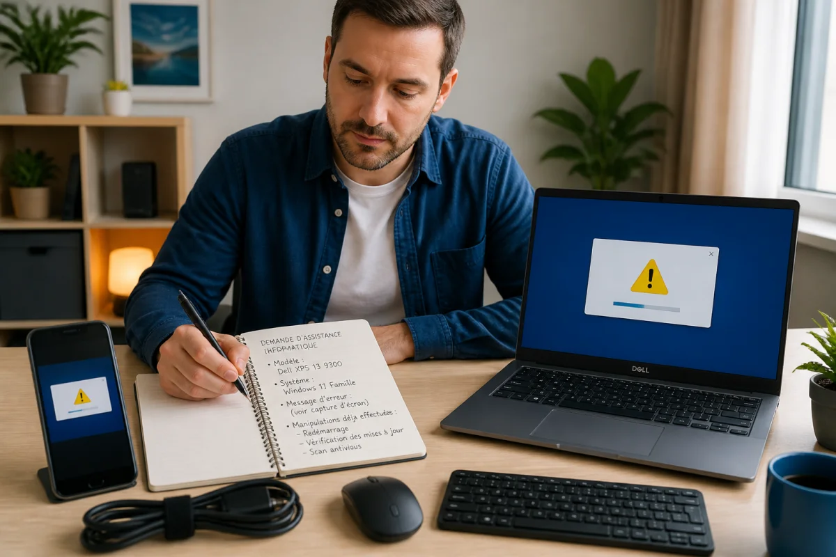 Reparsos Informatique accompagne vos besoins techniques - Geekodrome: Boutique d'accessoires geek Personne préparant une demande d’assistance informatique avec notes et ordinateur portable, accompagnée par Reparsos Informatique