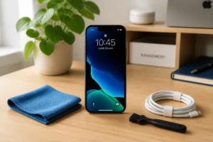 Smartphone entretenu avec chiffon, brosse douce et câble rangé pour prévenir les pannes durablement