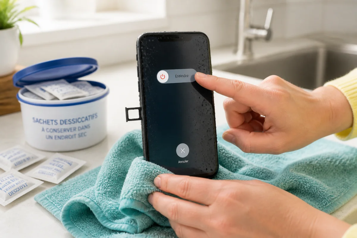 Comment prévenir les pannes de smartphone durablement - Geekodrome: Boutique d'accessoires geek Smartphone mouillé séché sur une serviette, alimentation coupée, tiroir SIM ouvert et sachets dessiccants en arrière-plan