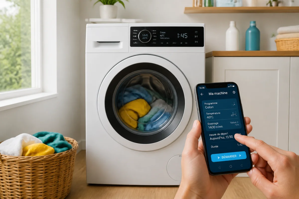 Programmer un lave-linge connecté au quotidien sans effort - Geekodrome: Boutique d'accessoires geek Programmer un lave-linge connecté avec un smartphone dans une buanderie moderne et lumineuse
