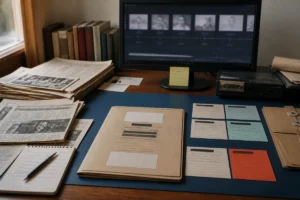 Dossier d’archives judiciaires anonymisé illustrant l’absence d’informations récentes vérifiables sur Jacques Hyver, avec journaux et documents anciens