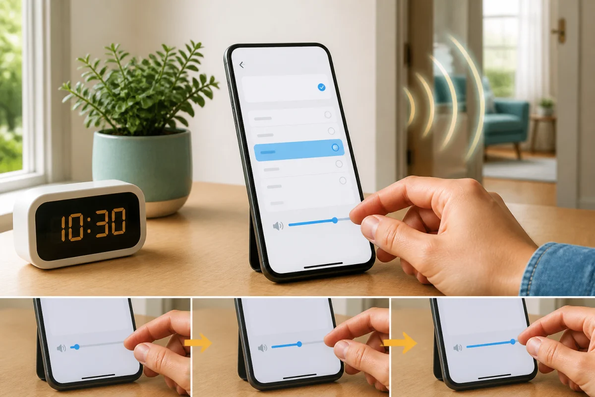Smartphone affichant les paramètres de sonnerie, avec curseur de volume ajusté par une main sur une table éclairéeાન્ય