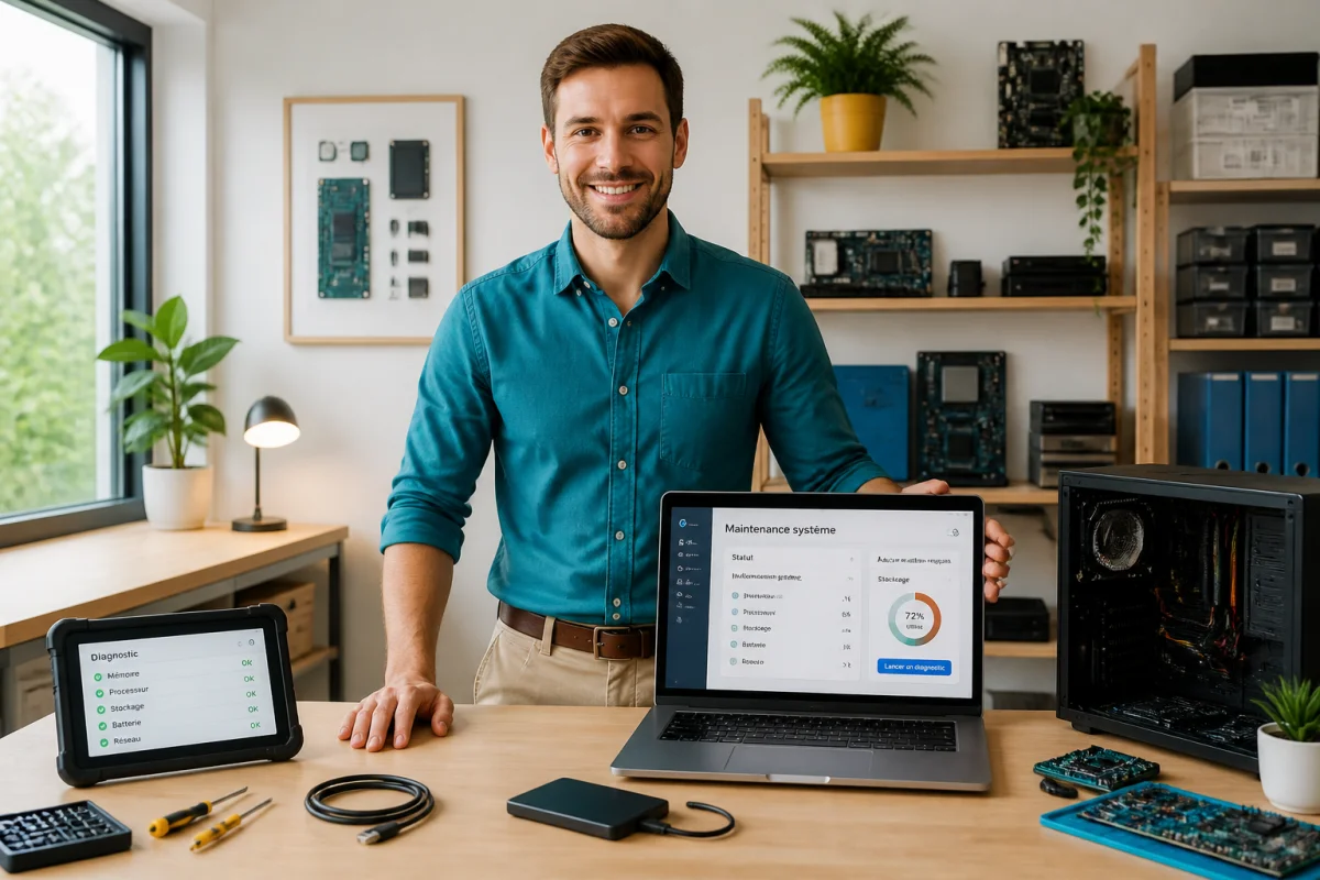 Reparsos Informatique accompagne vos besoins techniques - Geekodrome: Boutique d'accessoires geek Reparsos Informatique, technicien souriant présentant un ordinateur portable et des outils de réparation dans un atelier lumineux