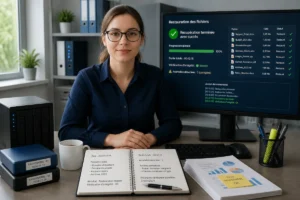 Administratrice vérifiant la restauration de fichiers après une sauvegarde de données informatique, devant un écran de progression
