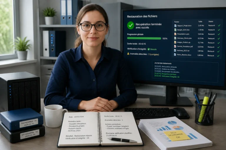 Administratrice vérifiant la restauration de fichiers après une sauvegarde de données informatique, devant un écran de progression