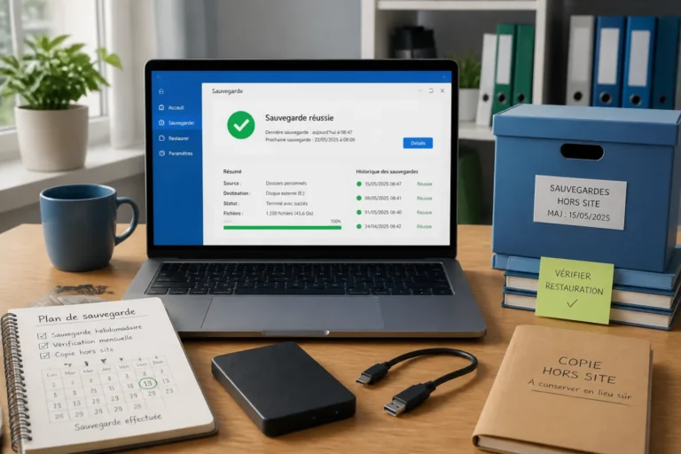 Sauvegarde réussie sur ordinateur, disque externe déconnecté et dossiers restaurés pour sécuriser son ordinateur contre les malwares.