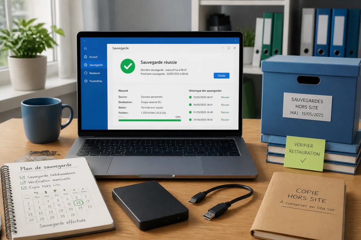 Sauvegarde réussie sur ordinateur, disque externe déconnecté et dossiers restaurés pour sécuriser son ordinateur contre les malwares.