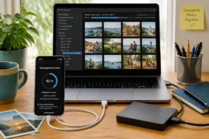Sauvegarder ses photos sur smartphone avec un ordinateur portable et un disque externe organisés par dossiers