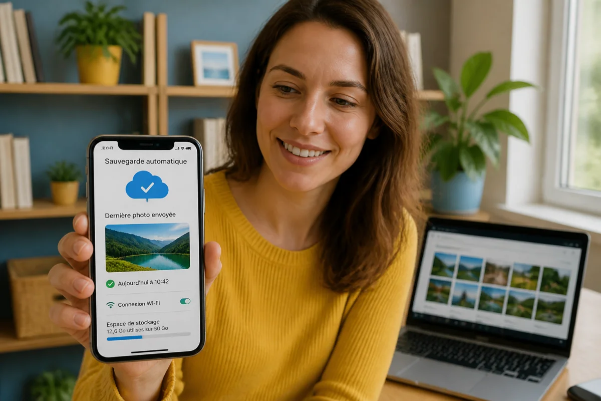 Personne vérifiant la sauvegarde automatique de ses photos sur smartphone via une interface cloud sécurisée