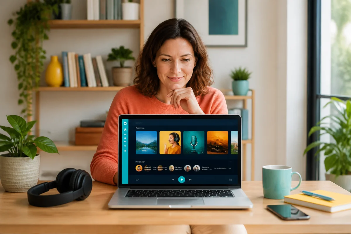 Tout savoir sur Simradio et son intérêt pour les auditeurs - Geekodrome: Boutique d'accessoires geek Auditrice découvrant Simradio sur un ordinateur portable, avec programmes audio, options d’écoute et accès pratiques affichés à l’écran