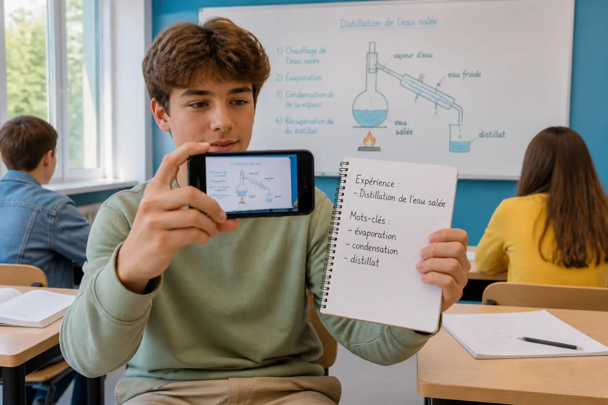 Utiliser le smartphone en cours avec méthode - Geekodrome: Boutique d'accessoires geek Élève utilisant son smartphone en cours pour photographier le tableau et compléter ses notes avec trois mots-clés.