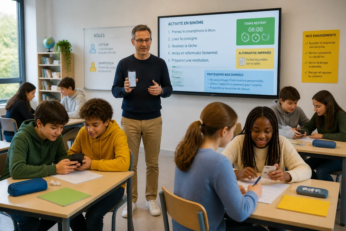 Enseignant guidant l’utilisation du smartphone en cours, avec élèves travaillant en binômes et consignes affichées au tableau